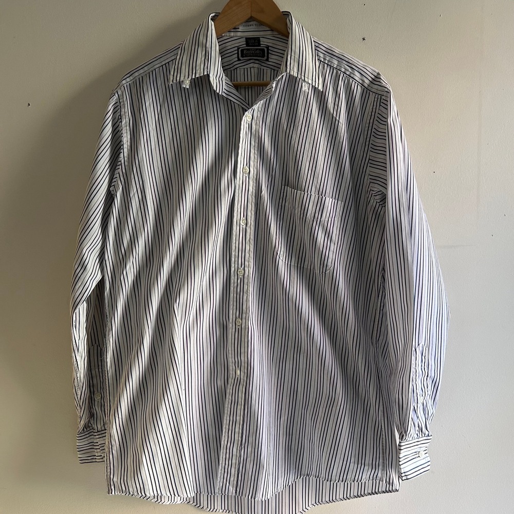 Britches of Georgetowne Shirt‎ Mens 15.5-34 White Blue Striped Dobbs Cloth USA